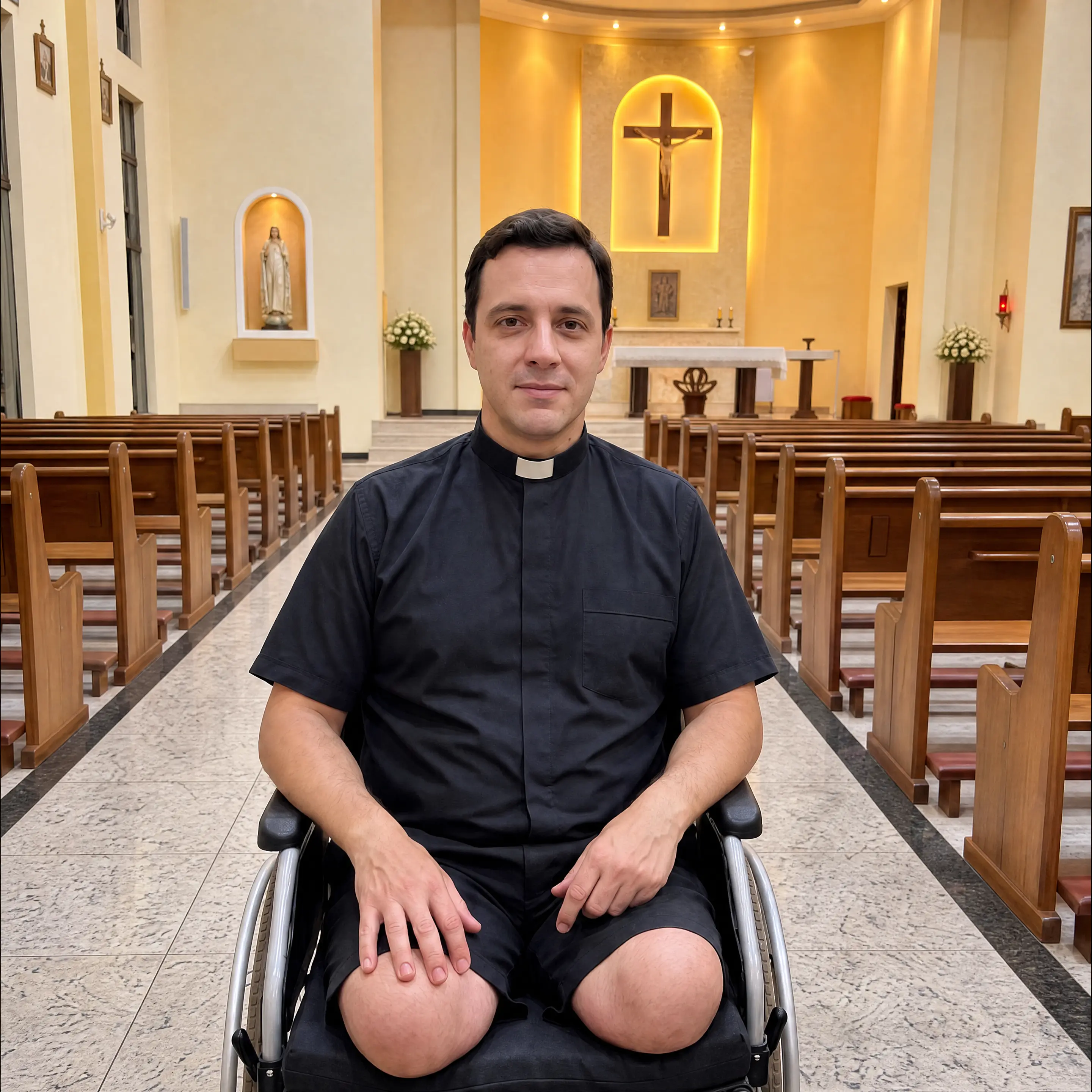 Padre Samuel em sua cadeira de rodas, no corredor da igreja